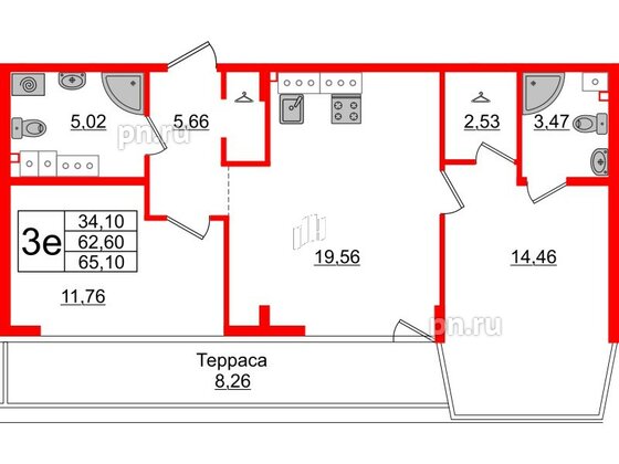 Квартира в ЖК Белый остров, 2 комнатная, 64.8 м², 10 этаж