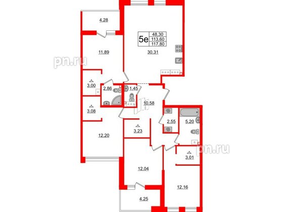 Квартира в ЖК Белый остров, 4 комнатная, 121.7 м², 6 этаж