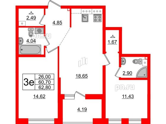 Квартира в ЖК Белый остров, 2 комнатная, 65.3 м², 11 этаж