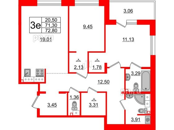 Квартира в ЖК Белый остров, 2 комнатная, 74.7 м², 10 этаж