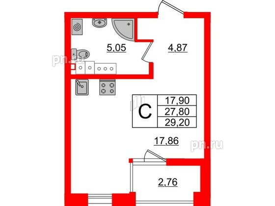 Квартира в ЖК Белый остров, студия, 29.1 м², 9 этаж