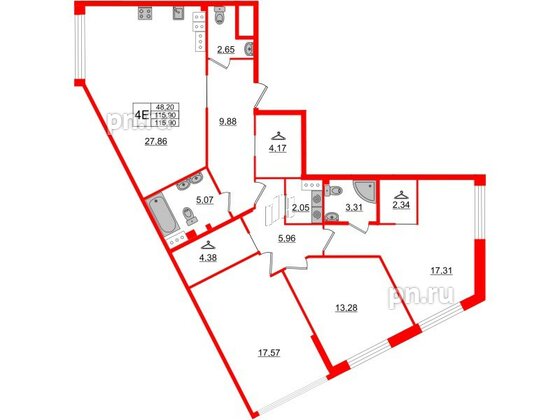 Квартира в ЖК Белый остров, 3 комнатная, 117.5 м², 4 этаж