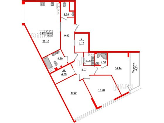 Квартира в ЖК Белый остров, 3 комнатная, 112.5 м², 10 этаж