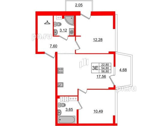 Квартира в ЖК Белый остров, 2 комнатная, 57.2 м², 11 этаж