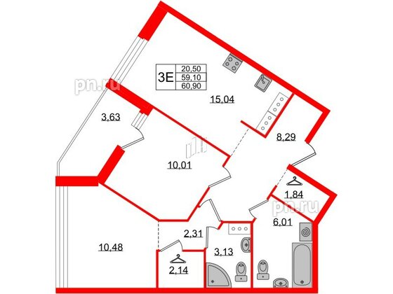 Квартира в ЖК Белый остров, 2 комнатная, 61.4 м², 9 этаж