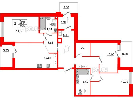 Квартира в ЖК Белый остров, 3 комнатная, 116.3 м², 10 этаж