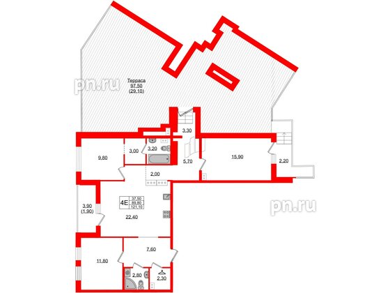 Квартира в ЖК Белый остров, 3 комнатная, 121.1 м², 10 этаж