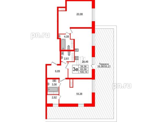 Квартира в ЖК БелАРТ, 2 комнатная, 100.14 м², 16 этаж