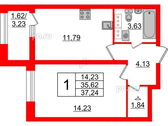 Квартира в ЖК БелАРТ, 1 комнатная, 37.24 м², 18 этаж