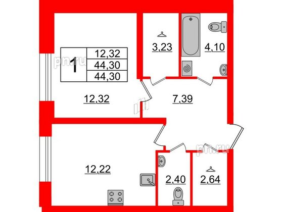 Квартира в ЖК БелАРТ, 1 комнатная, 44.3 м², 1 этаж