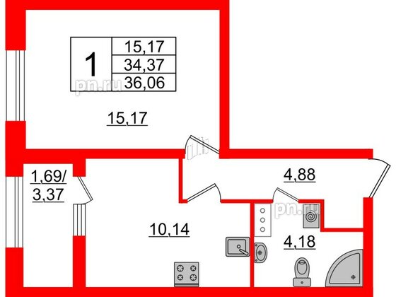 Квартира в ЖК БелАРТ, 1 комнатная, 36.06 м², 11 этаж