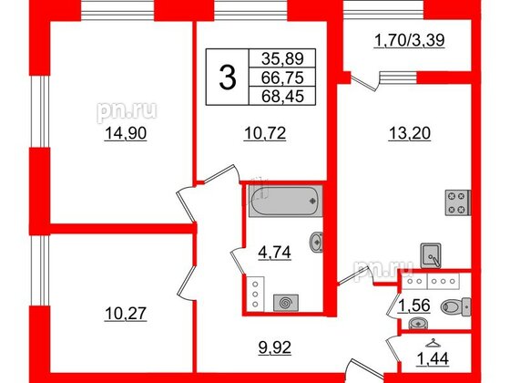 Квартира в ЖК БелАРТ, 3 комнатная, 68.45 м², 15 этаж