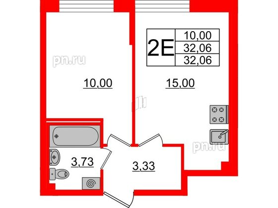 Квартира в ЖК Морская набережная 2, 1 комнатная, 32.06 м², 15 этаж