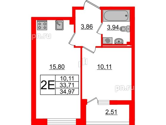 Квартира в ЖК Морская набережная 2, 1 комнатная, 34.9 м², 15 этаж