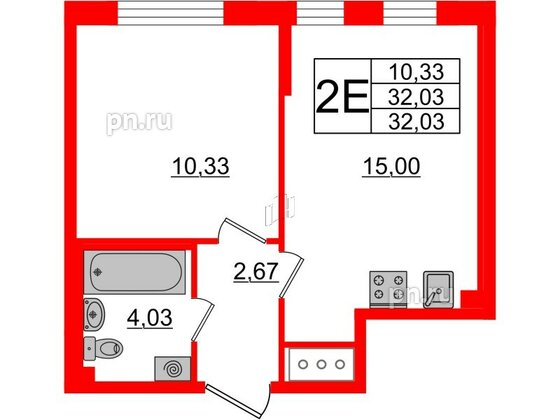 Квартира в ЖК Морская набережная 2, 1 комнатная, 33.6 м², 15 этаж