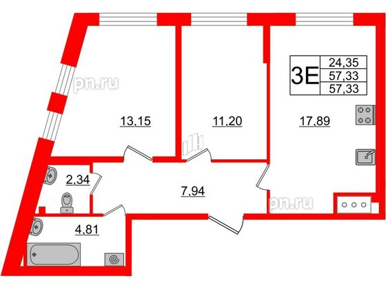 Квартира в ЖК Морская набережная 2, 2 комнатная, 57.33 м², 15 этаж