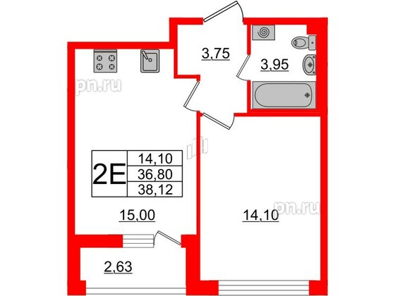 Квартира в ЖК Морская набережная 2, 1 комнатная, 37.9 м², 15 этаж