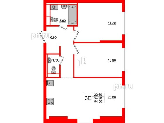 Квартира в ЖК Кудровский парк, 2 комнатная, 54.9 м², 9 этаж