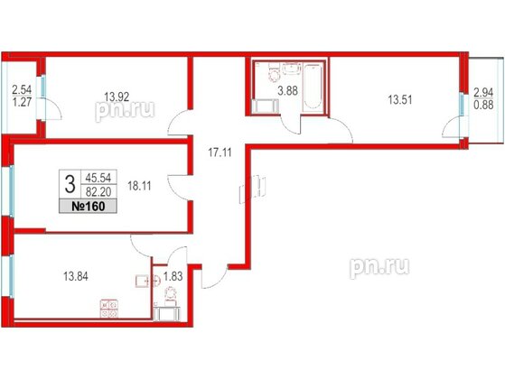 Квартира в ЖК Приморский квартал, 3 комнатная, 82.2 м², 3 этаж