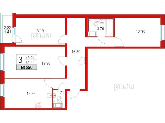 Квартира в ЖК Приморский квартал, 3 комнатная, 81.36 м², 3 этаж