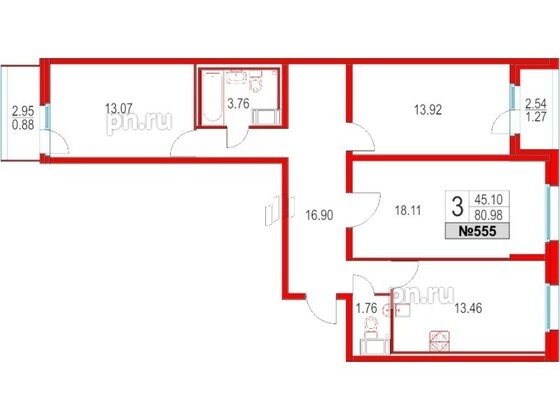 Квартира в ЖК Приморский квартал, 3 комнатная, 80.98 м², 3 этаж