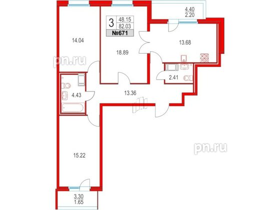 Квартира в ЖК Приморский квартал, 3 комнатная, 82.03 м², 2 этаж