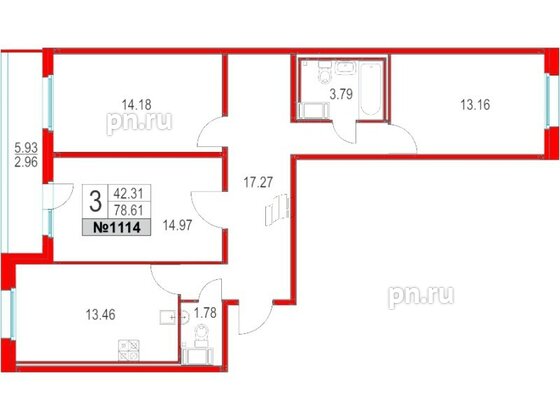 Квартира в ЖК Приморский квартал, 3 комнатная, 78.61 м², 18 этаж