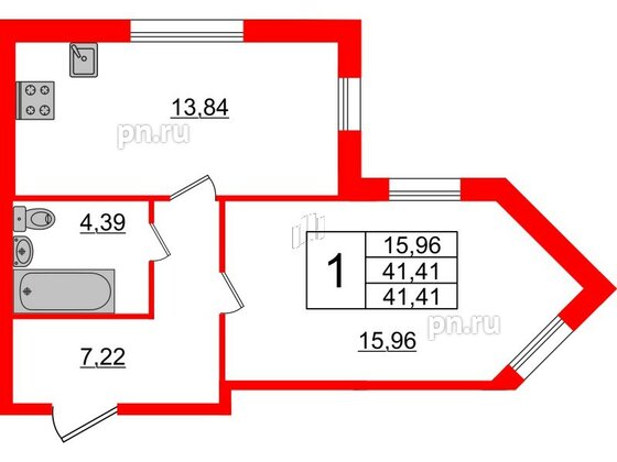 Квартира в ЖК Ювента, 1 комнатная, 42.1 м², 1 этаж