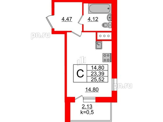 Квартира в ЖК Ювента, студия, 25.9 м², 6 этаж