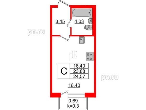 Квартира в ЖК Ювента, студия, 24.4 м², 2 этаж