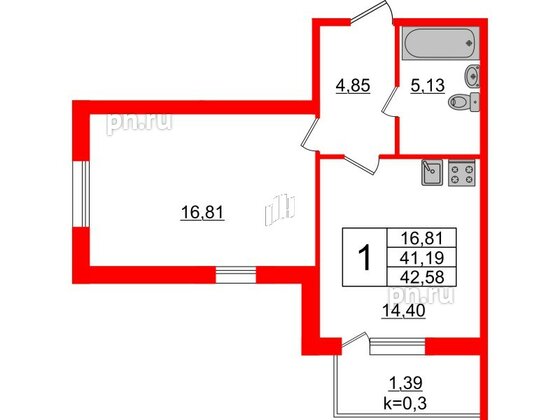 Квартира в ЖК Ювента, 1 комнатная, 43.9 м², 1 этаж