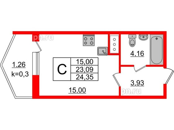 Квартира в ЖК Ювента, студия, 24.9 м², 2 этаж