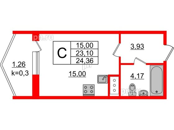 Квартира в ЖК Ювента, студия, 24.9 м², 5 этаж