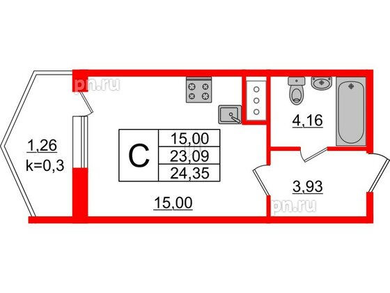 Квартира в ЖК Ювента, студия, 24.8 м², 2 этаж