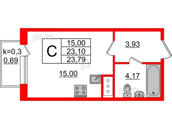 Квартира в ЖК Ювента, студия, 23.8 м², 2 этаж