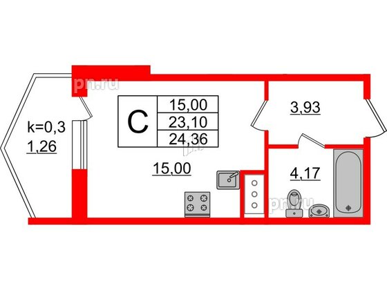 Квартира в ЖК Ювента, студия, 24.9 м², 6 этаж