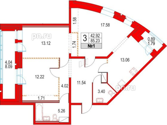 Квартира в ЖК Приморский квартал, 3 комнатная, 85.23 м², 2 этаж