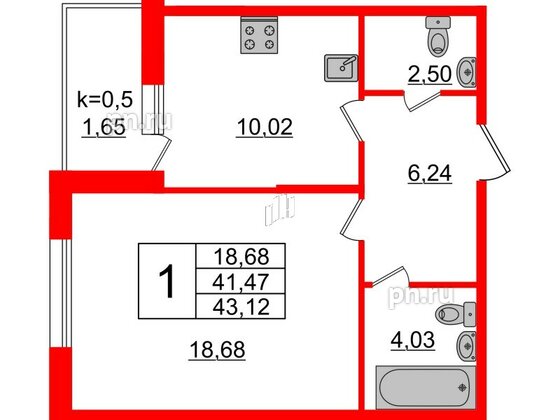 Квартира в ЖК Ювента, 1 комнатная, 44.3 м², 1 этаж