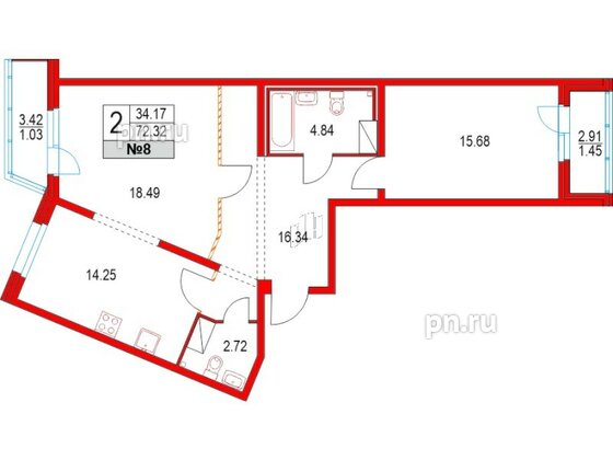 Квартира в ЖК Приморский квартал, 2 комнатная, 72.32 м², 3 этаж