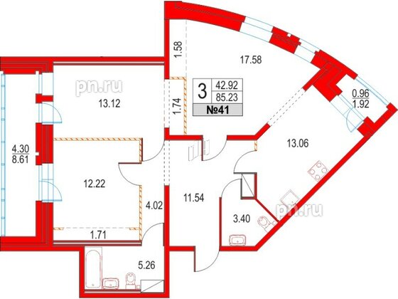 Квартира в ЖК Приморский квартал, 3 комнатная, 85.23 м², 10 этаж