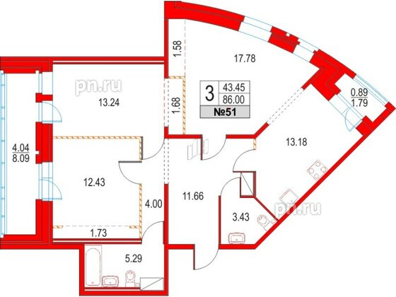 Квартира в ЖК Приморский квартал, 3 комнатная, 86 м², 12 этаж