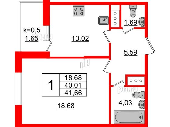 Квартира в ЖК Ювента, 1 комнатная, 42.9 м², 2 этаж