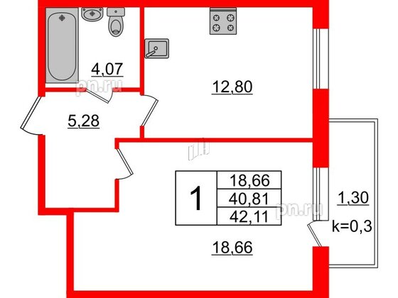 Квартира в ЖК Ювента, 1 комнатная, 42.4 м², 1 этаж