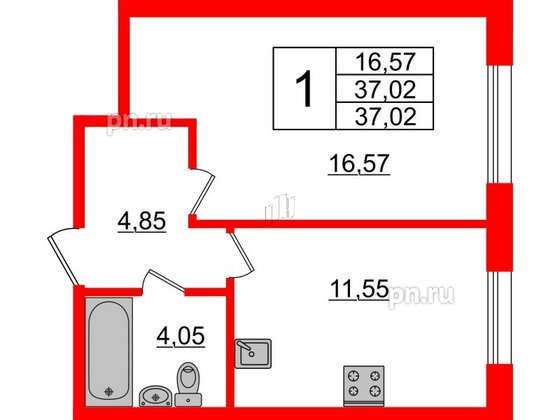 Квартира в ЖК Ювента, 1 комнатная, 37.5 м², 1 этаж