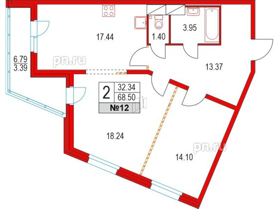 Квартира в ЖК Приморский квартал, 2 комнатная, 68.5 м², 3 этаж