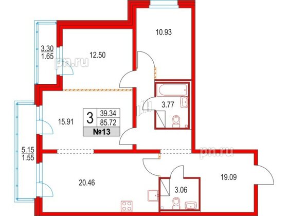 Квартира в ЖК Приморский квартал, 3 комнатная, 85.72 м², 3 этаж