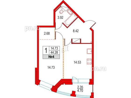 Квартира в ЖК Приморский квартал, 1 комнатная, 44.28 м², 2 этаж