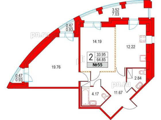 Квартира в ЖК Приморский квартал, 2 комнатная, 64.85 м², 12 этаж