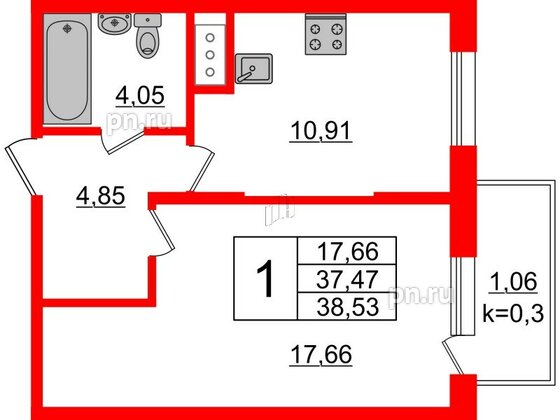 Квартира в ЖК Ювента, 1 комнатная, 39.4 м², 2 этаж