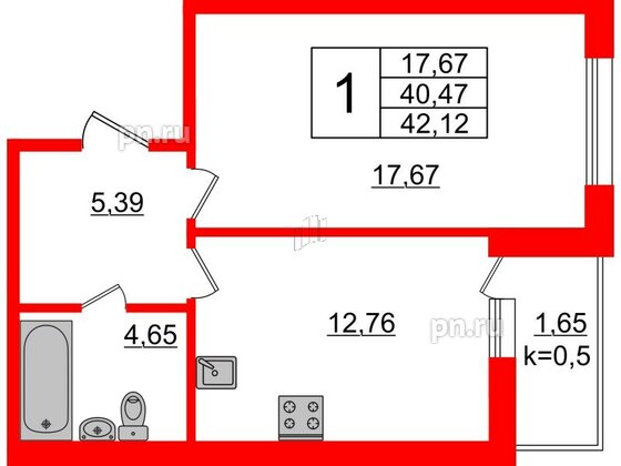 Квартира в ЖК Ювента, 1 комнатная, 42.8 м², 1 этаж